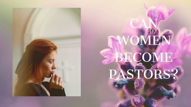 A woman pastor in a black suit  prayering in the church