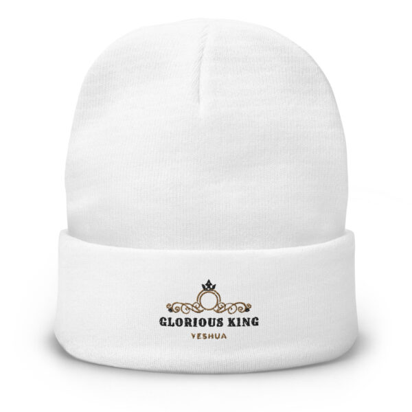 White Embroidered Beanie with a Glorious King logo