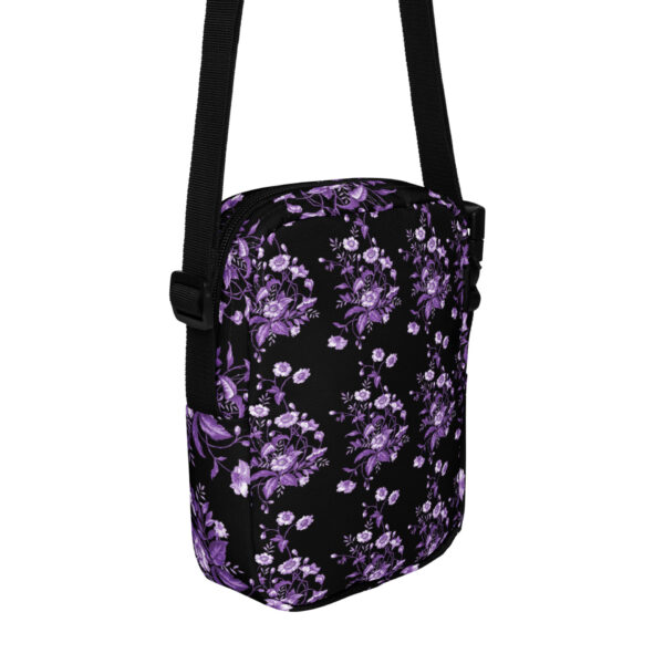 Utility crossbody bag with a purple flower art