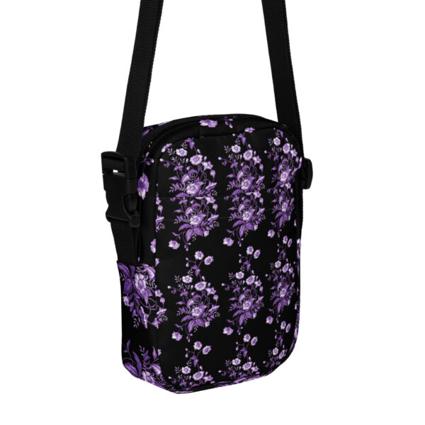 Utility crossbody bag with a purple flower art