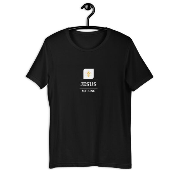 Dark colored Unisex t-shirt with a Jesus my King cross logo