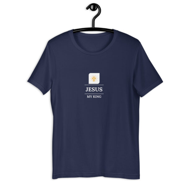 Dark colored Unisex t-shirt with a Jesus my King cross logo