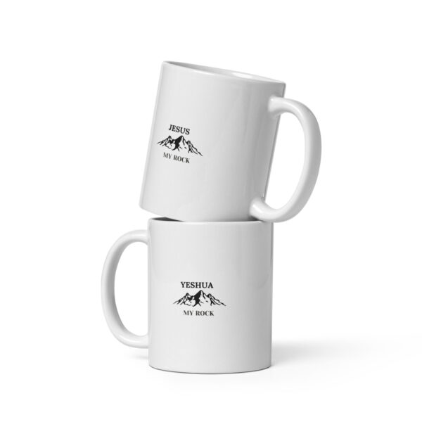 White glossy mug - Jesus my Rock mountain logo