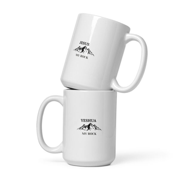 White glossy mug - Jesus my Rock mountain logo