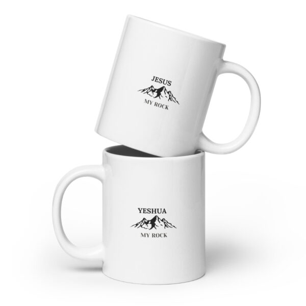 White glossy mug - Jesus my Rock mountain logo